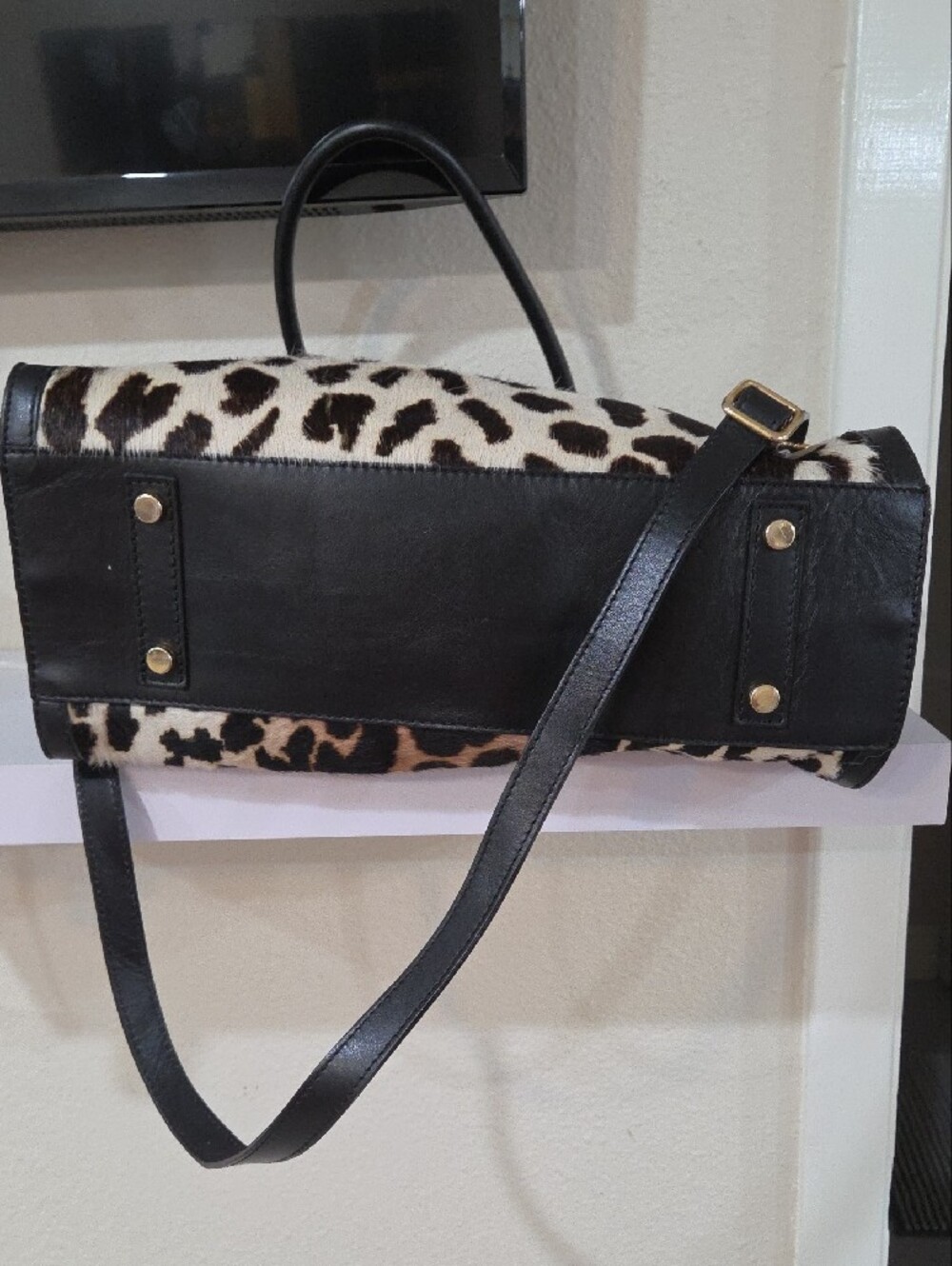 Cavalcanti Italian Leopard Print Top-Handle Tote Bag with Black Trim - Picture 6 of 14